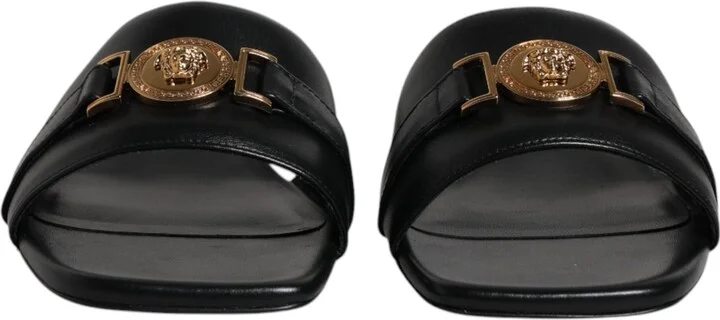 Black Leather Logo Plaque Slip On Slides Flats Women's Shoes - Image 2