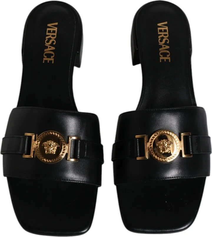 Black Leather Logo Plaque Slip On Slides Flats Women's Shoes - Image 3