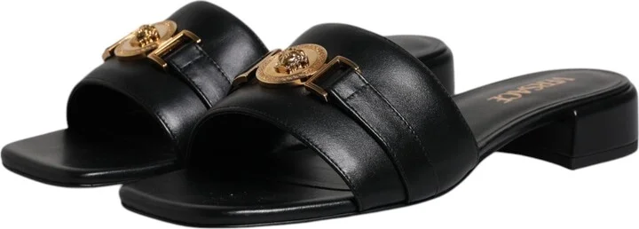 Black Leather Logo Plaque Slip On Slides Flats Women's Shoes - Image 4