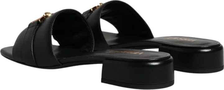 Black Leather Logo Plaque Slip On Slides Flats Women's Shoes - Image 5
