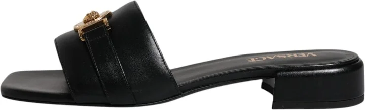 Black Leather Logo Plaque Slip On Slides Flats Women's Shoes - Image 6