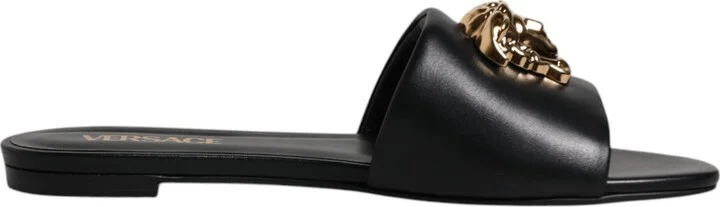 Black Leather Logo Plaque Slip On Slides Flats Women's Shoes