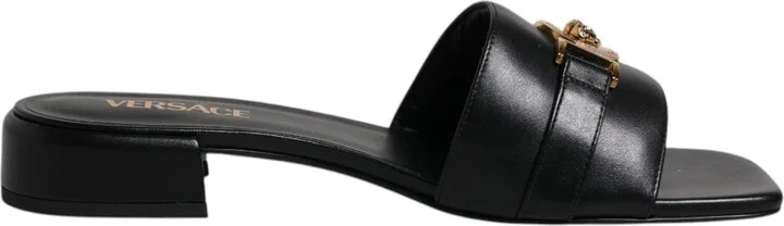Black Leather Logo Plaque Slip On Slides Flats Women's Shoes