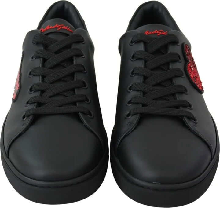 Black Leather Love Heart Sneakers Womens Shoes - Image 4