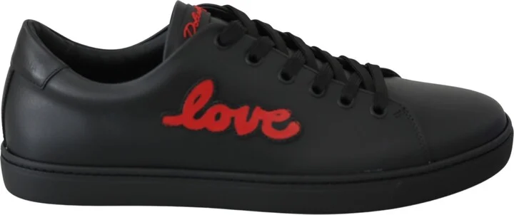 Black Leather Love Heart Sneakers Womens Shoes