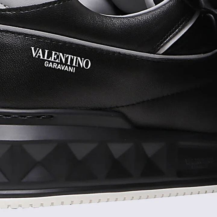 Black Leather Low Top One Stud Sneakers - Image 3