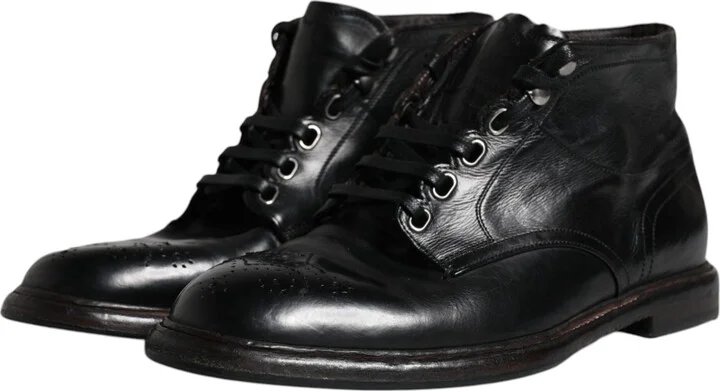 Black Leather Men Short Boots Lace Up Men's Shoes (Pre-Owned) - Image 4