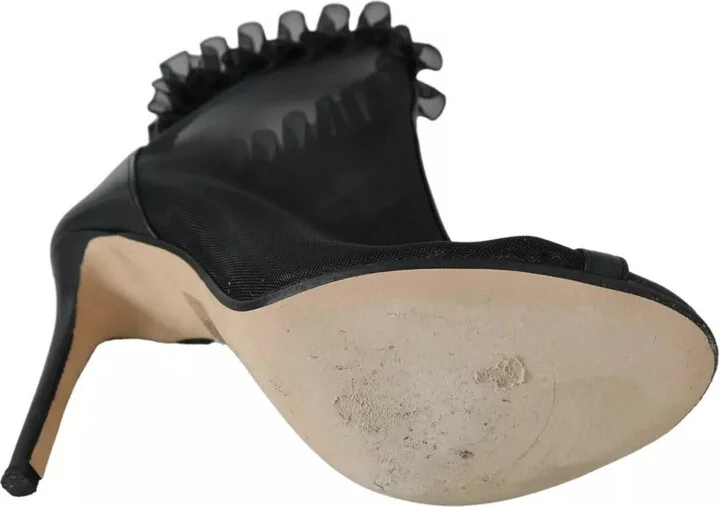 Black Leather Mesh Stiletto High Heels Peep Toe Boots Women's Shoes (Pre-Owned) - Image 2