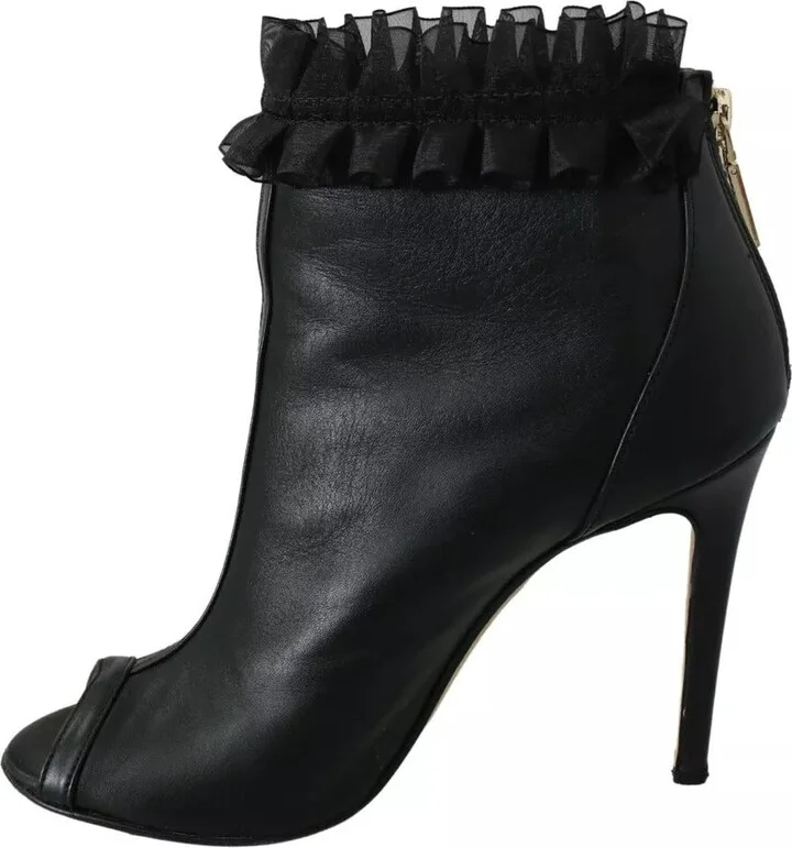 Black Leather Mesh Stiletto High Heels Peep Toe Boots Women's Shoes (Pre-Owned) - Image 3