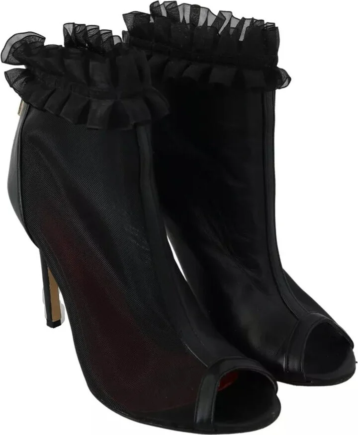 Black Leather Mesh Stiletto High Heels Peep Toe Boots Women's Shoes (Pre-Owned) - Image 5
