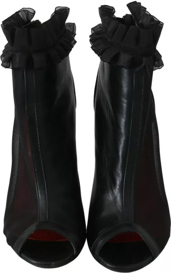 Black Leather Mesh Stiletto High Heels Peep Toe Boots Women's Shoes (Pre-Owned) - Image 6