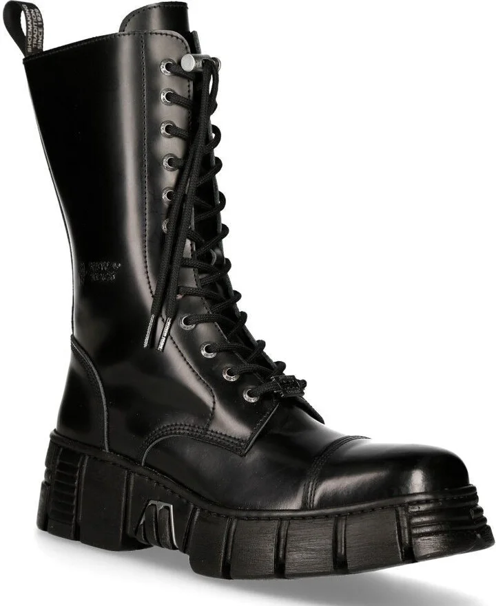 Black Leather Mid-Calf Tower Biker Boots-M-WALL127N-C1