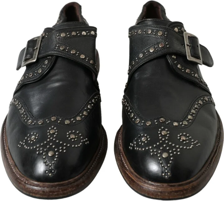 Black Leather Monk Strap Studded Dress Men's Shoes - Image 2