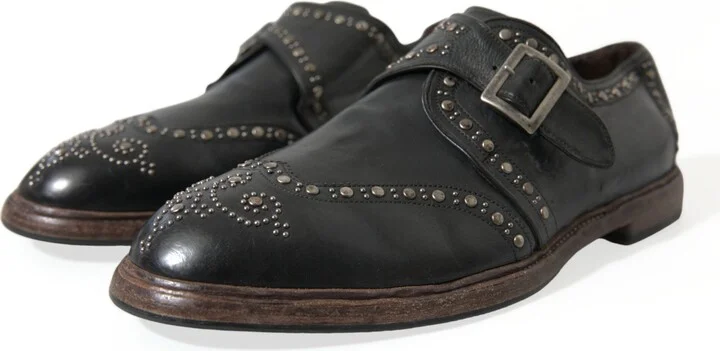 Black Leather Monk Strap Studded Dress Men's Shoes - Image 3