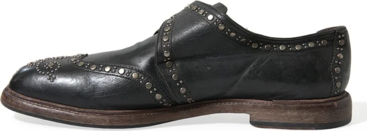 Black Leather Monk Strap Studded Dress Men's Shoes - Image 5
