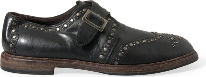 Black Leather Monk Strap Studded Dress Men's Shoes