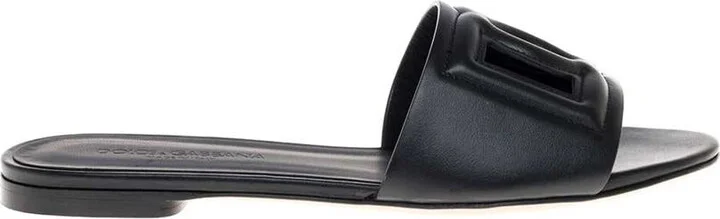 Black Leather Mules With Logo