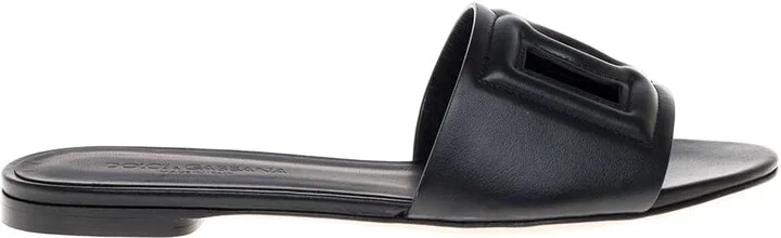 Black Leather Mules With Logo