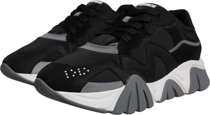 Black Leather Neoprene Chunky Low Top Sneakers Squalo Men's Shoes - Image 3