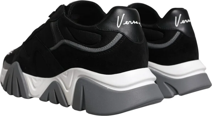Black Leather Neoprene Chunky Low Top Sneakers Squalo Men's Shoes - Image 4