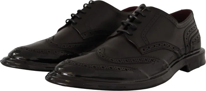 Black Leather Oxford Wingtip Formal Derby Men's Shoes - Image 3