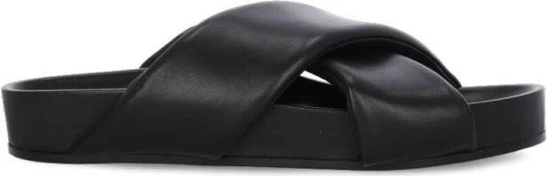 Black Leather Padded Slipper With Cross-Straps