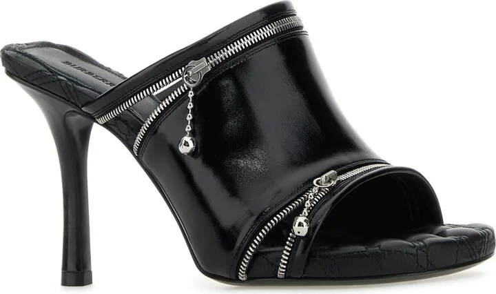 Black Leather Peep Mules - Image 2