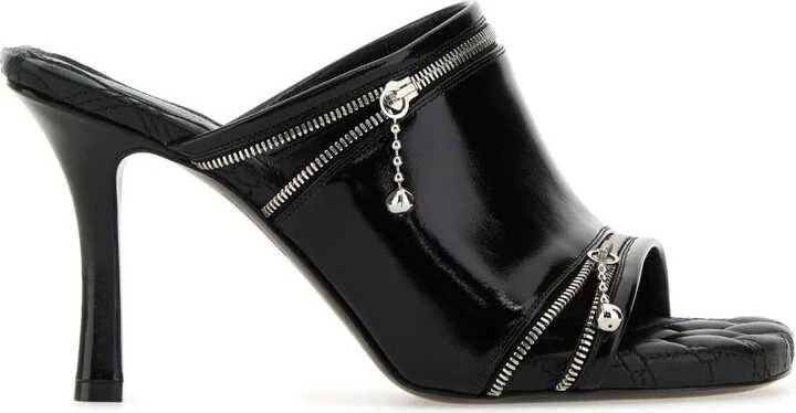 Black Leather Peep Mules