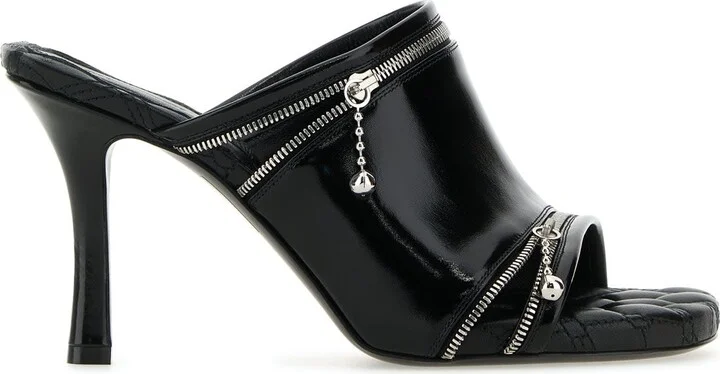 Black Leather Peep Mules