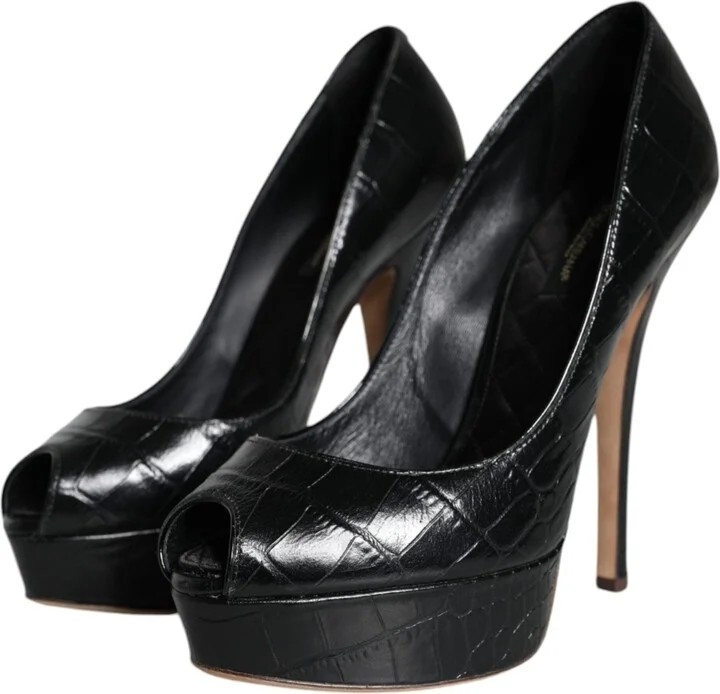 Black Leather Platform Heels Pumps Women's Shoes - Image 3