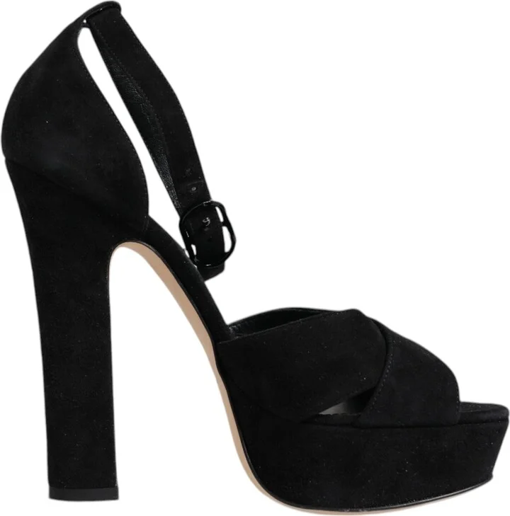Black Leather Platform Heels Sandals Women's Shoes (Pre-Owned)