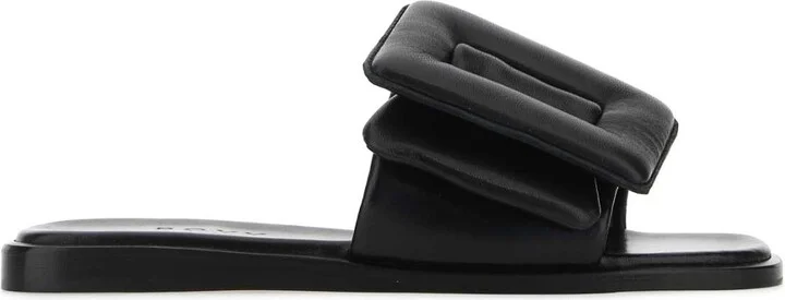 Black Leather Puffy Slippers