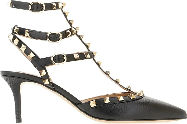 Black Leather Rockstud Pumps