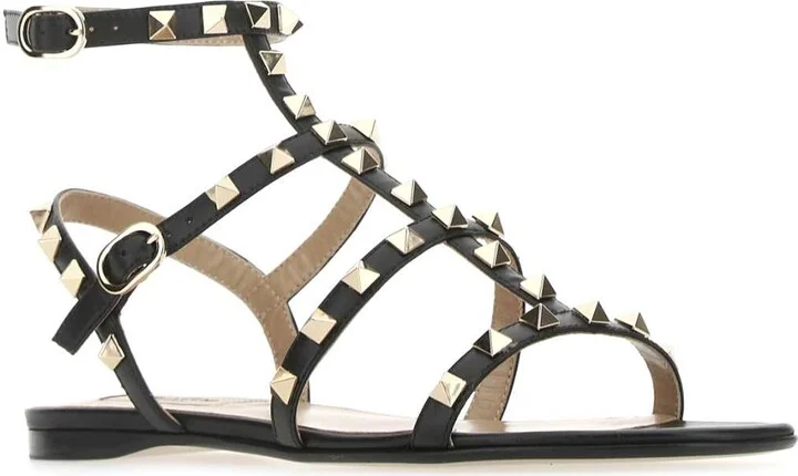 Black Leather Rockstud Sandals - Image 2
