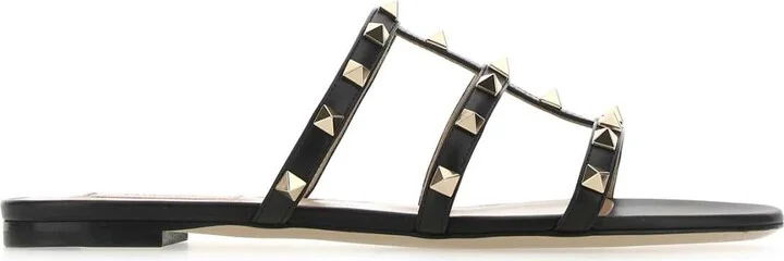 Black Leather Rockstud Slippers