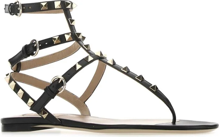 Black Leather Rockstud Thong Sandals - Image 2
