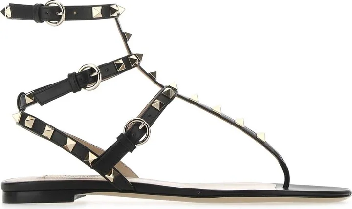 Black Leather Rockstud Thong Sandals
