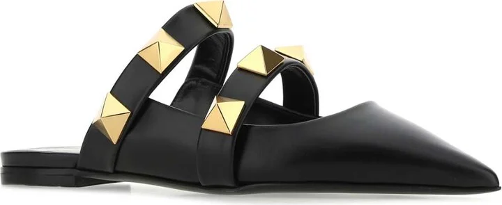 Black Leather Roman Stud Slippers - Image 2