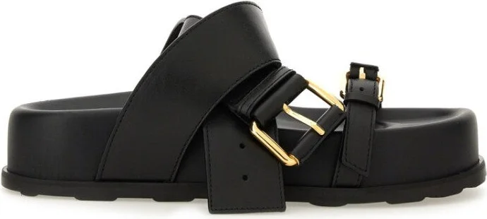 Black Leather Sandal With Woven Buckle Detail