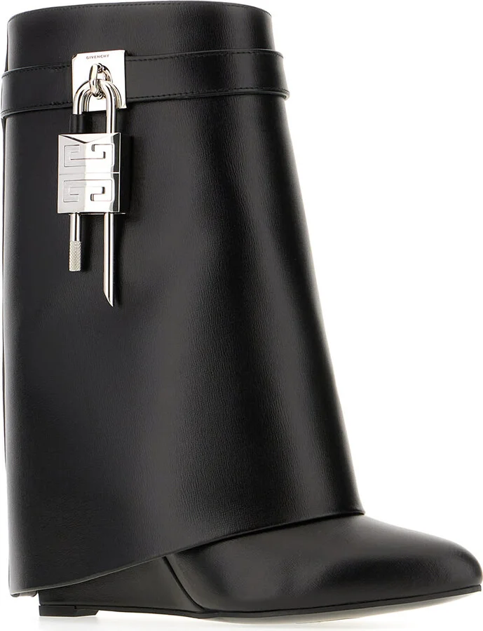 Black Leather Shark Lock Ankle Boots - Image 2