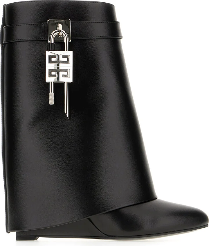 Black Leather Shark Lock Ankle Boots
