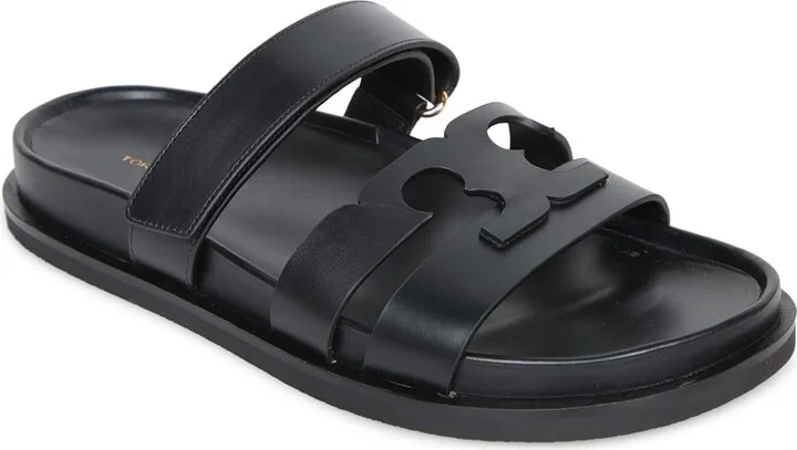 Black Leather Slide Logo Sandals - Image 2