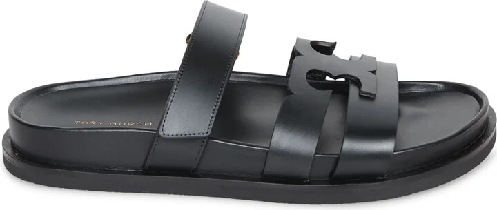 Black Leather Slide Logo Sandals
