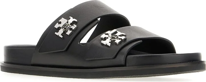 Black Leather Slider Sandals - Image 2