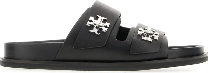 Black Leather Slider Sandals