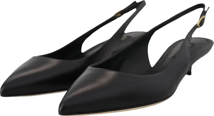 Black Leather Slingbacks Heels Pumps Women's Shoes - Image 5