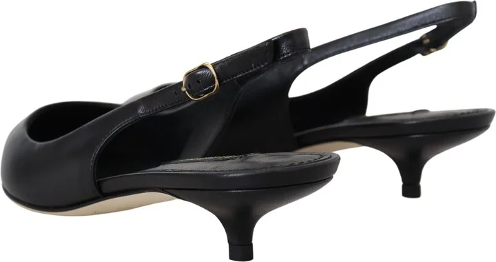 Black Leather Slingbacks Heels Pumps Women's Shoes - Image 6