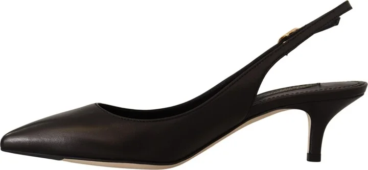 Black Leather Slingbacks Heels Pumps Women's Shoes - Image 2