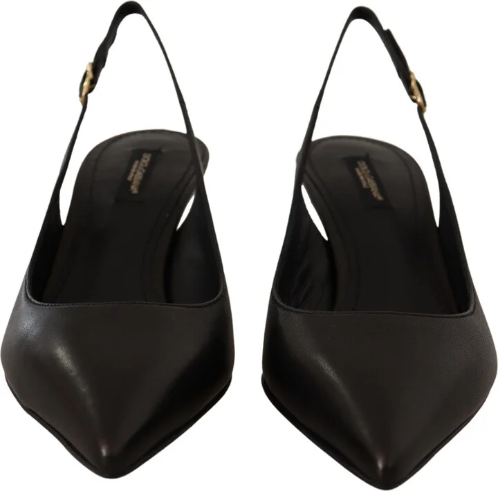 Black Leather Slingbacks Heels Pumps Women's Shoes - Image 5