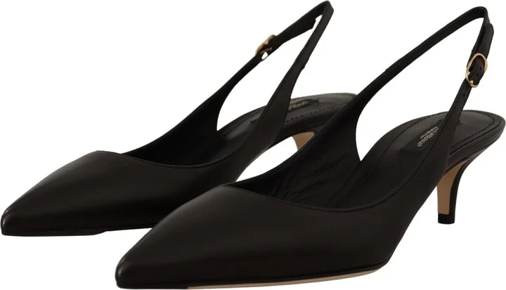 Black Leather Slingbacks Heels Pumps Women's Shoes - Image 6